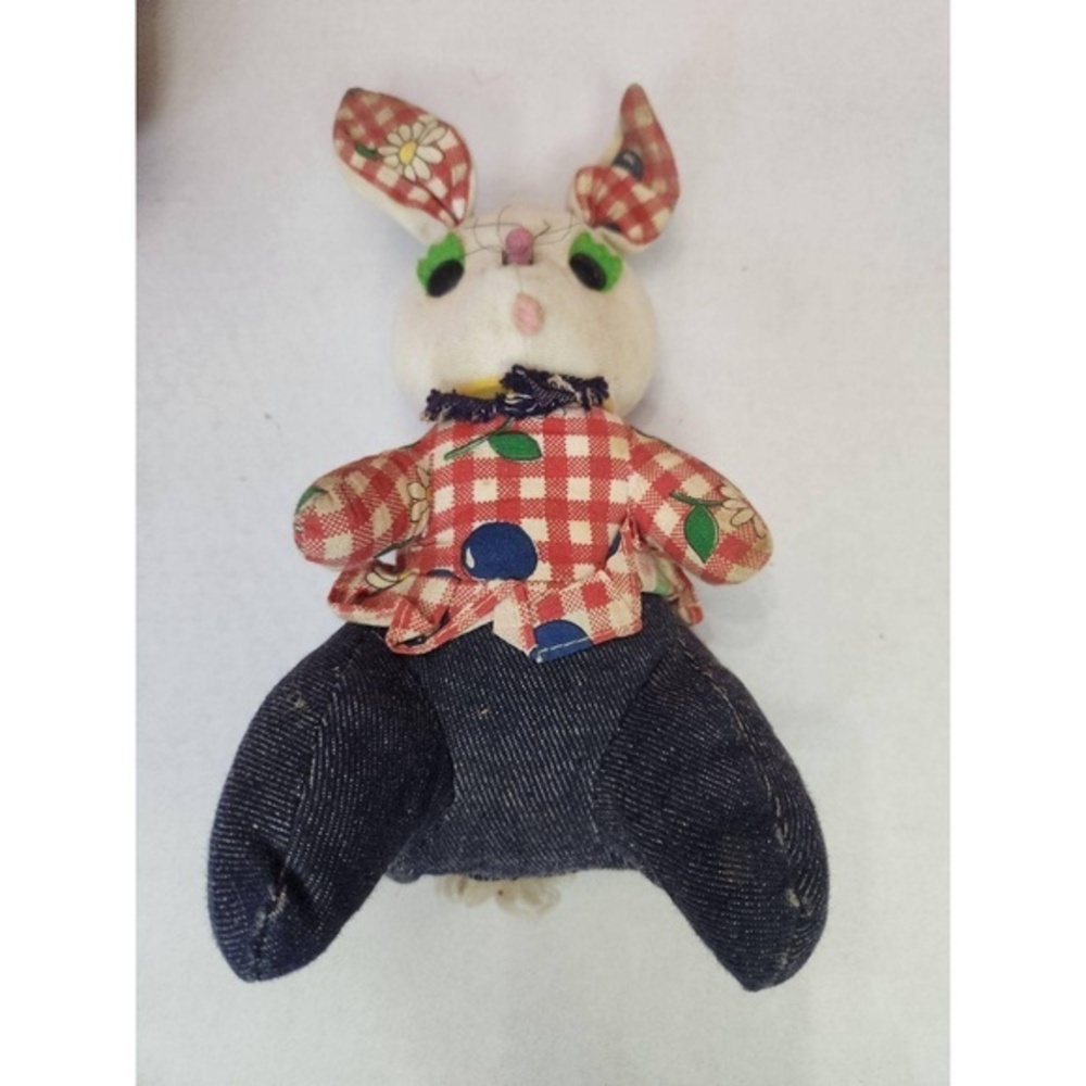 Vintage Knickerbocker Bunny Doll Red White Blue Gingham Stuffed Animal Farmhouse